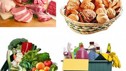 Carnes, pães, frutas, verduras e materiais para limpeza